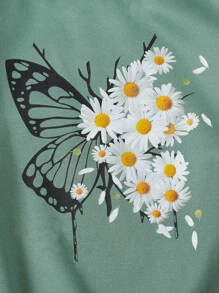 SHEIN EZwear 花卉和蝴蝶印花保暖衬里运动衫毕业、返校服装、毕业、女士教师服装、返校秋冬女士服装 - 薄荷綠 - 查看 2