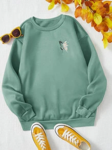 SHEIN EZwear 花卉和蝴蝶印花保暖衬里运动衫毕业、返校服装、毕业、女士教师服装、返校秋冬女士服装 - 薄荷綠 - 查看 3