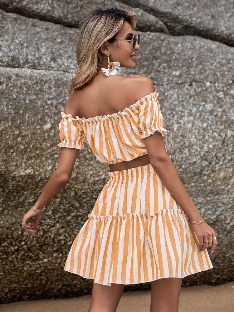 SHEIN VCAY Striped Off Shoulder Crop Top & Ruffle Hem Skirt - Orange - View 2