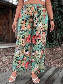 SHEIN LUNE Plus Tropical Print Belted Straight Leg Trousers - Multicolor - View 1