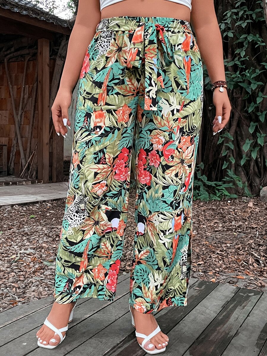 SHEIN LUNE Plus Tropical Print Belted Straight Leg Trousers - Multicolor - View 1