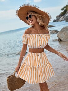 SHEIN VCAY de rayas de hombros descubiertos Top crop & bajo con fruncido Falda - Naranja - Ver 5