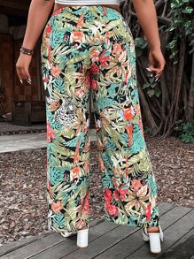SHEIN LUNE Plus Tropical Print Belted Straight Leg Trousers - Multicolor - View 2