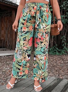 SHEIN LUNE Plus Tropical Print Belted Straight Leg Trousers - Multicolor - View 3
