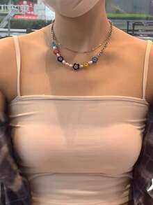 Faux Pearl & Flower Decor Layered Necklace - Multicolor - View 1