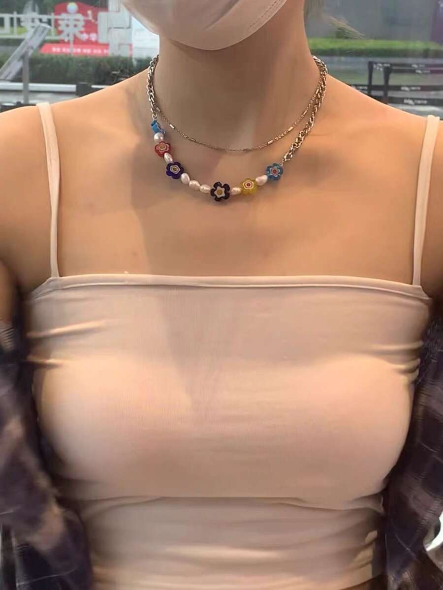 Faux Pearl & Flower Decor Layered Necklace - Multicolor - View 1
