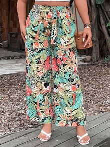 SHEIN LUNE Plus Tropical Print Belted Straight Leg Trousers - Multicolor - View 4