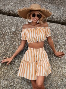 SHEIN VCAY de rayas de hombros descubiertos Top crop & bajo con fruncido Falda - Naranja - Ver 7