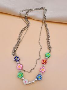 Faux Pearl & Flower Decor Layered Necklace - Multicolor - View 2