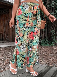 SHEIN LUNE Plus Tropical Print Belted Straight Leg Trousers - Multicolor - View 5