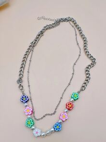 Faux Pearl & Flower Decor Layered Necklace - Multicolor - View 3