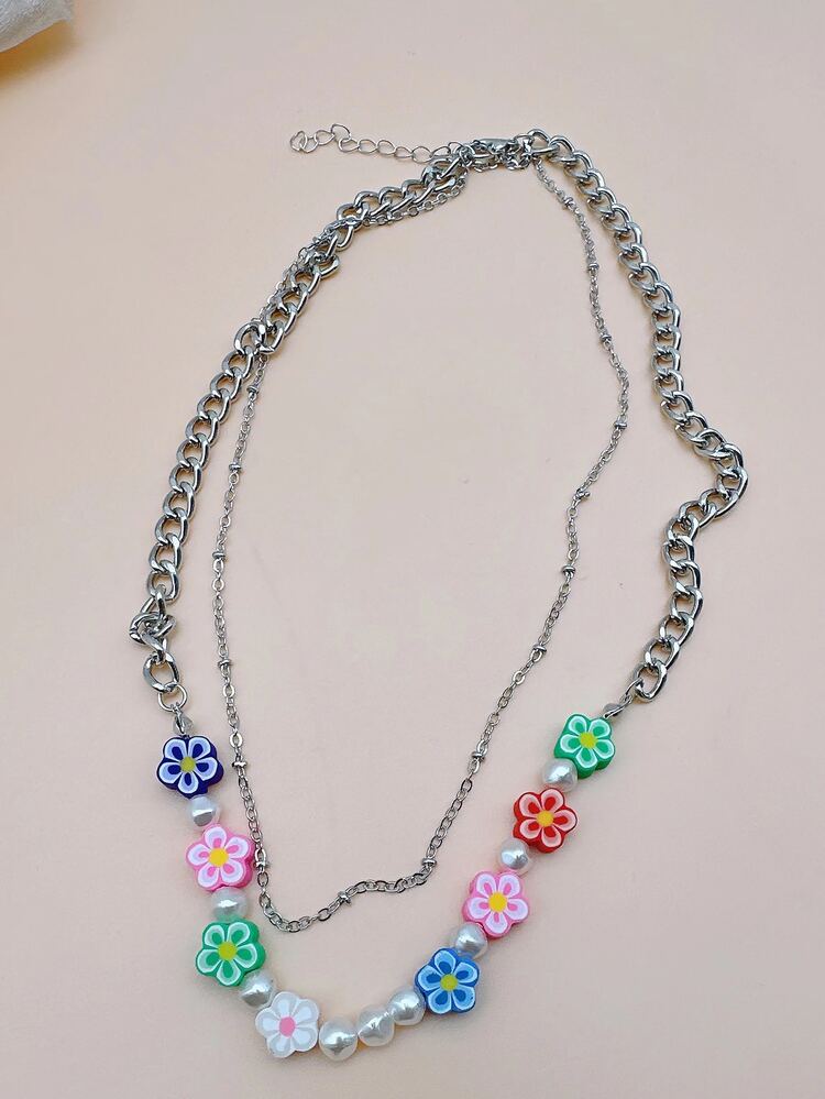 Faux Pearl & Flower Decor Layered Necklace - Multicolor - View 3