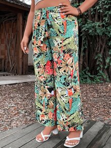 SHEIN LUNE Plus Tropical Print Belted Straight Leg Trousers - Multicolor - View 6