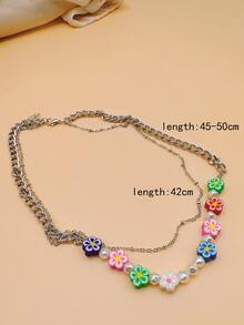 Faux Pearl & Flower Decor Layered Necklace - Multicolor - View 4