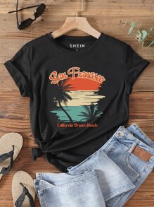 SHEIN LUNE Tropical And Letter Graphic Tee - Black - View 1