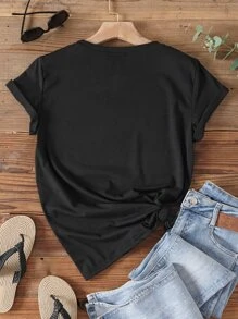 SHEIN LUNE Tropical And Letter Graphic Tee - Black - View 2