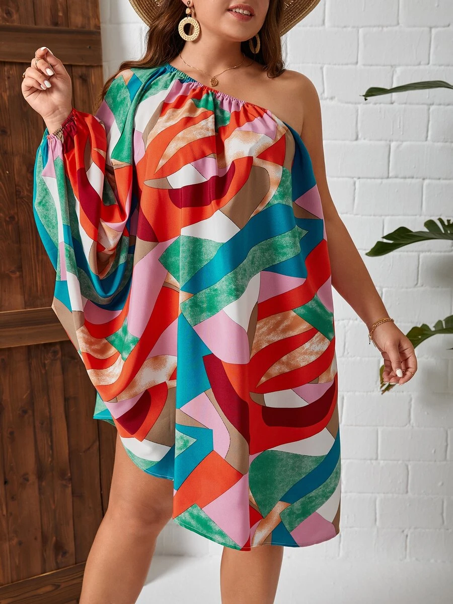 SHEIN VCAY Đầm Plus Size Bất đối xứng Tất cả trên in Giải trí - Nhiều màu - Xem 1