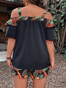 SHEIN LUNE Plus Tropical Print Cold Shoulder Top & Shorts - Black - View 2