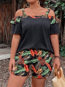 SHEIN LUNE Plus Tropical Print Cold Shoulder Top & Shorts - Black - View 4