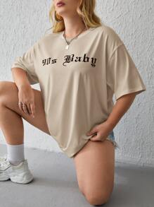 SHEIN EZwear Plus Letter Graphic Drop Shoulder Tee - Khaki - View 1