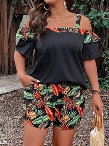 SHEIN LUNE Plus Tropical Print Cold Shoulder Top & Shorts - Black - View 5