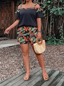 SHEIN LUNE Plus Tropical Print Cold Shoulder Top & Shorts - Black - View 6