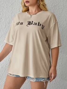 SHEIN EZwear Plus Letter Graphic Drop Shoulder Tee - Khaki - View 3