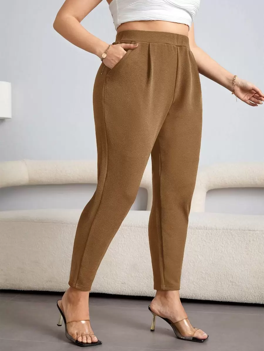 SHEIN Essnce Plus Solid Slant Pocket Pants Tall Pantsplus Size Trousersplus Size Pants Womencurve Pantshigh Waist Pants