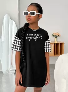 SHEIN Girls Checker & Letter Graphic Drop Shoulder Tee Dress - Black - View 1