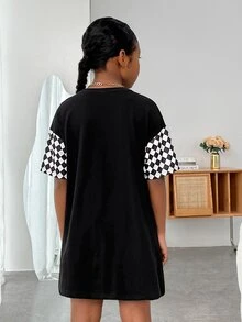 SHEIN Girls Checker & Letter Graphic Drop Shoulder Tee Dress - Black - View 2