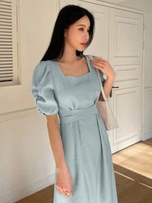 DAZY Đầm Buộc lại Dây kéo Uốn nếp màu trơn Giải trí - Màu xanh nhạt - Xem 2