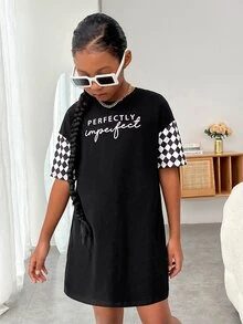 SHEIN Girls Checker & Letter Graphic Drop Shoulder Tee Dress - Black - View 4