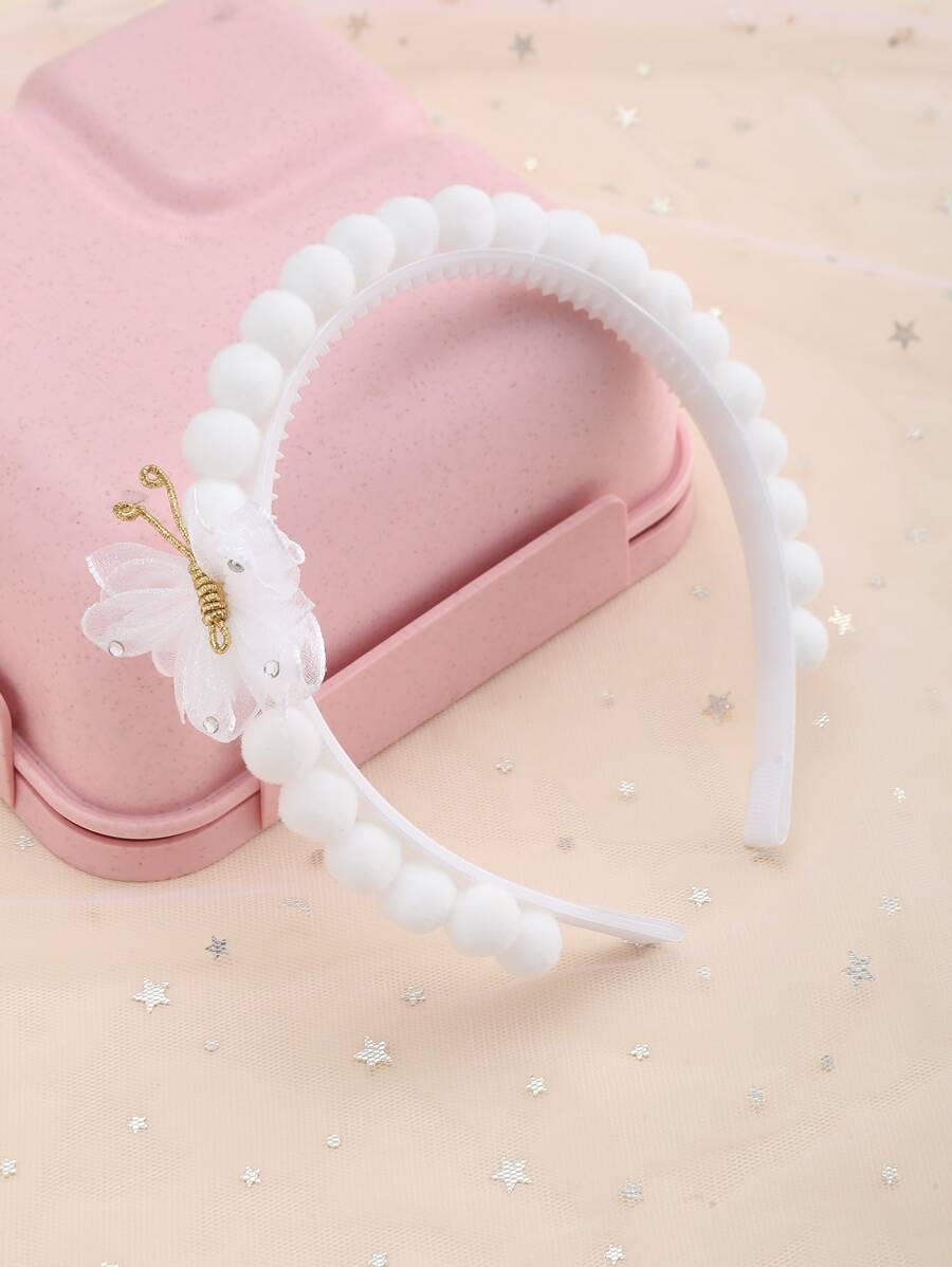 1只女孩子蝴蝶形狀毛絨球髮夾,日常裝飾 - 白色 - 查看 1
