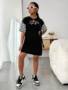 SHEIN Girls Checker & Letter Graphic Drop Shoulder Tee Dress - Black - View 5