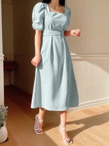 DAZY Đầm Buộc lại Dây kéo Uốn nếp màu trơn Giải trí - Màu xanh nhạt - Xem 4