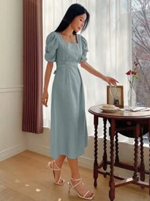 DAZY Đầm Buộc lại Dây kéo Uốn nếp màu trơn Giải trí - Màu xanh nhạt - Xem 5