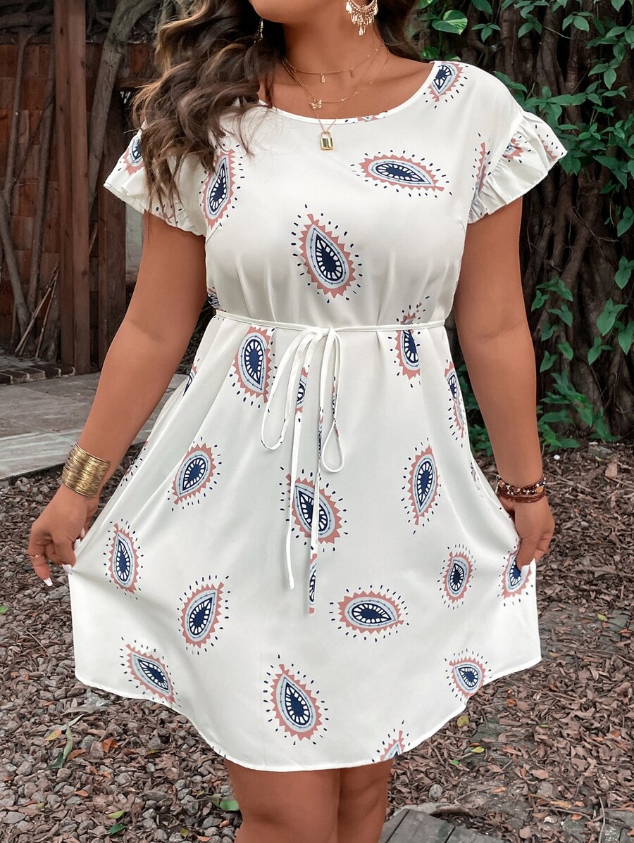 SHEIN LUNE Plus Graphic Print Belted Dress - White - View 1