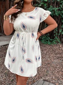 SHEIN LUNE Plus Graphic Print Belted Dress - White - View 4