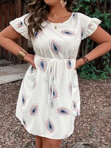 SHEIN LUNE Plus Graphic Print Belted Dress - White - View 5