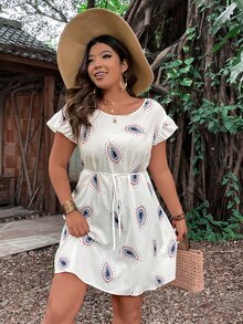 SHEIN LUNE Plus Graphic Print Belted Dress - White - View 6