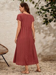 EMERY ROSE Allover Print V Neck Hidden Pocket Smock Dress - Multicolor - View 2