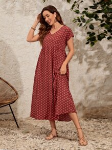 EMERY ROSE Allover Print V Neck Hidden Pocket Smock Dress - Multicolor - View 3