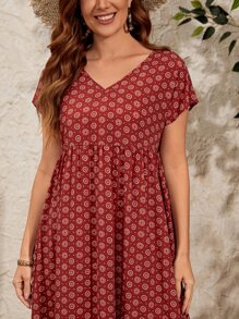 EMERY ROSE Allover Print V Neck Hidden Pocket Smock Dress - Multicolor - View 5