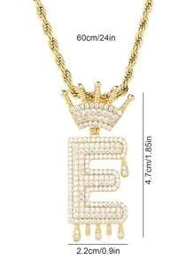 1入組適合女士男士流行龐克嘻哈風格搖滾派對全水鑽華麗字母和皇冠吊墜項鍊 - 金黃色 - 查看 4
