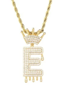 1入組適合女士男士流行龐克嘻哈風格搖滾派對全水鑽華麗字母和皇冠吊墜項鍊 - 金黃色 - 查看 5
