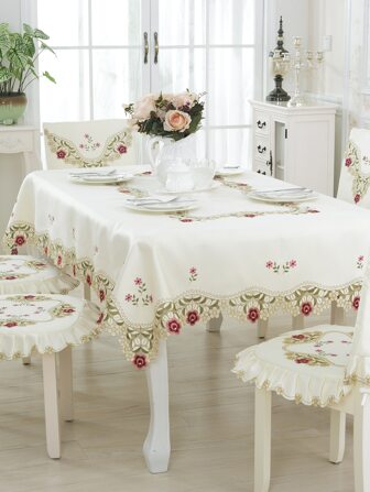 1pc Floral Embroidered Tablecloth, Boho Embroidered Design Rectangle Table Cloth For Dinner Table