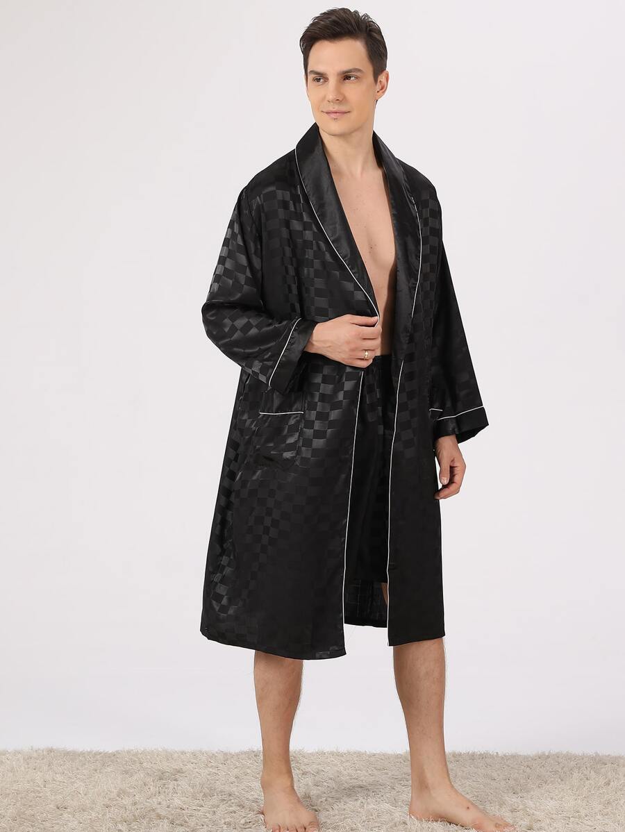 Hombres ribete en contraste con cinturón Bata de dormir & Shorts - Negro - Ver 1