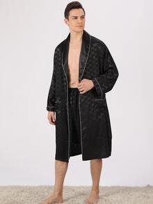 Hombres ribete en contraste con cinturón Bata de dormir & Shorts - Negro - Ver 3