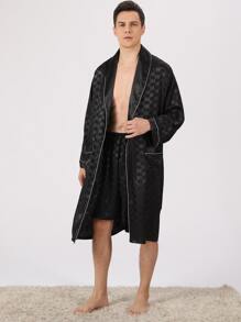 Hombres ribete en contraste con cinturón Bata de dormir & Shorts - Negro - Ver 4