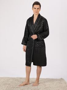 Hombres ribete en contraste con cinturón Bata de dormir & Shorts - Negro - Ver 5